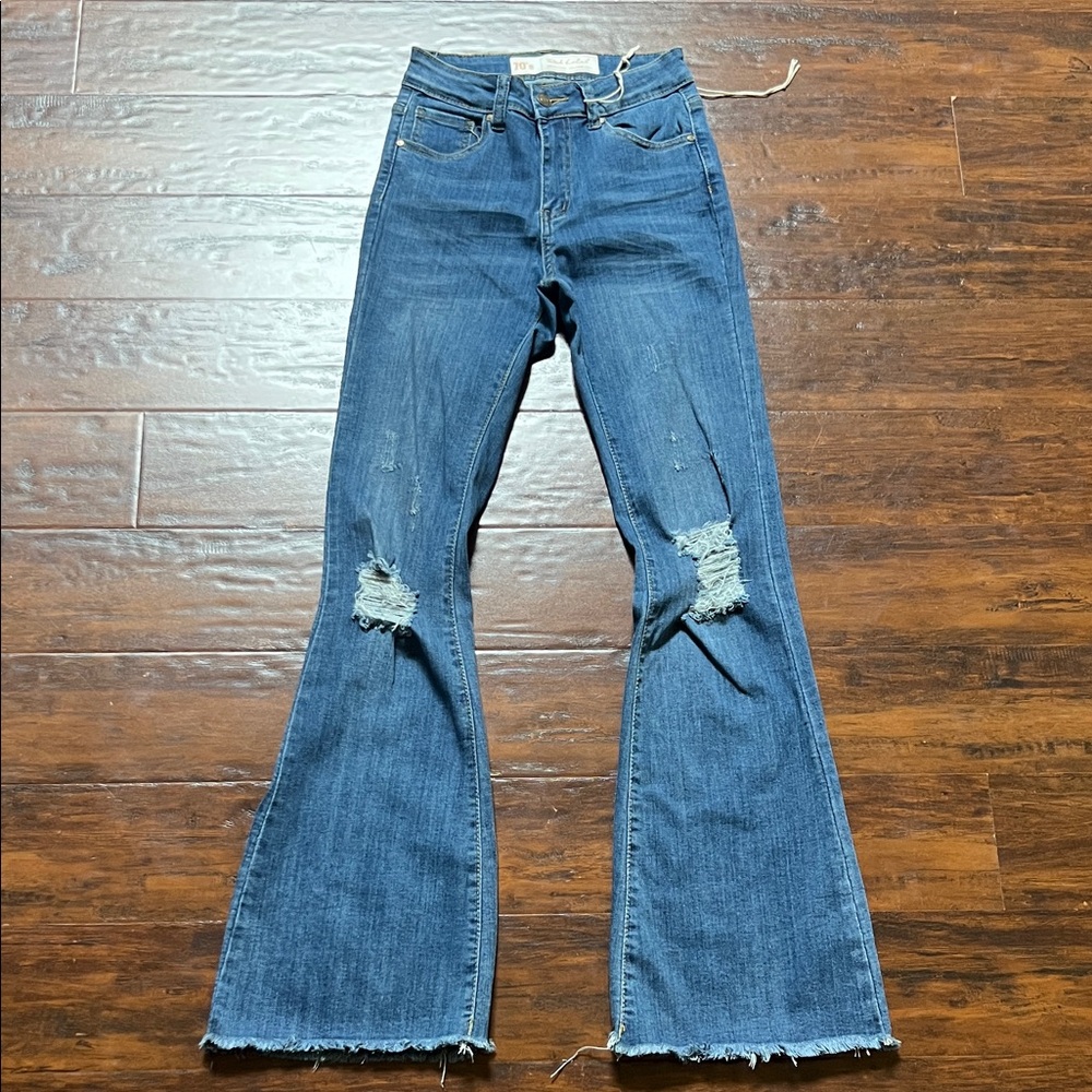 70’s Pink Label Distressed High-waisted Big Flare Stretch Jeans Size 1